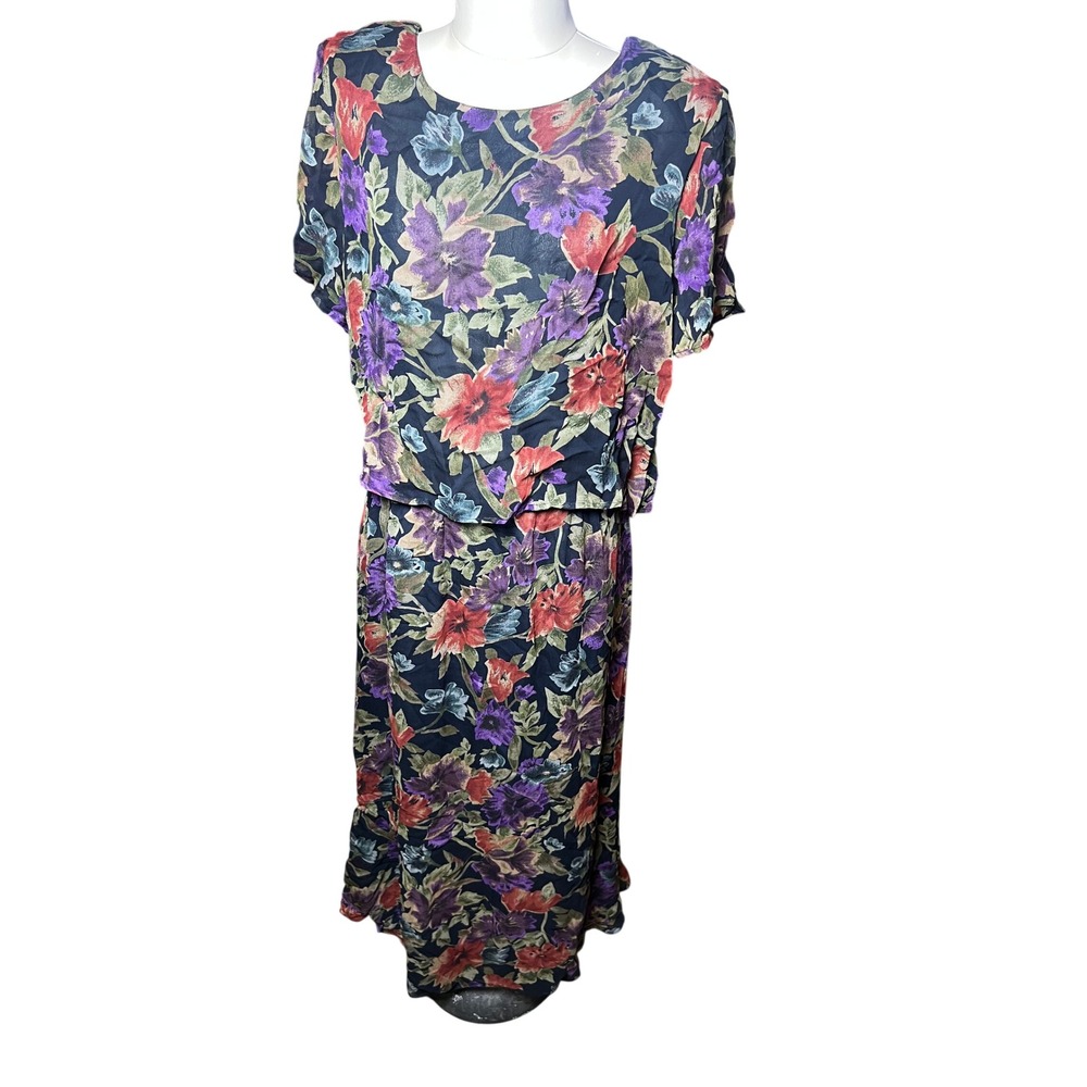 VTG Coldwater Creek Womens PM Floral Print Midi Dress Set‎ Navy Multi Color
